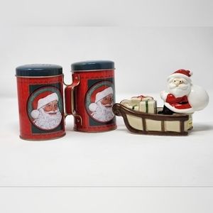 Hand painted Christmas Santa Salt And Pepper Shakers 2 Sets OMC Japan And‎ Tin